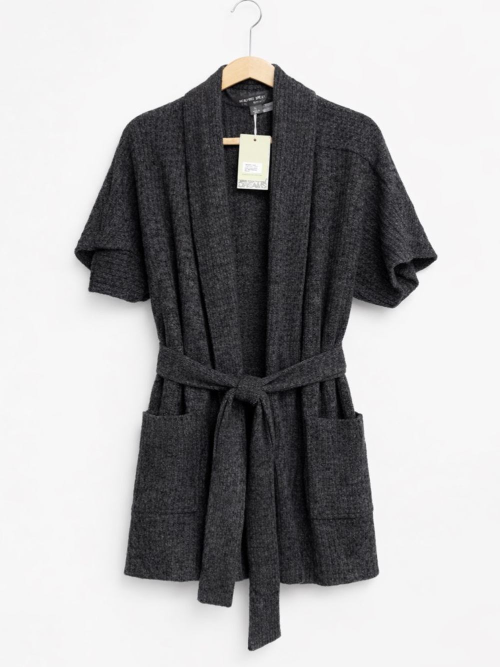 Barefoot Dreams CozyChic Lite Belted Kimono Cardigan Carbon Black Soft Knit